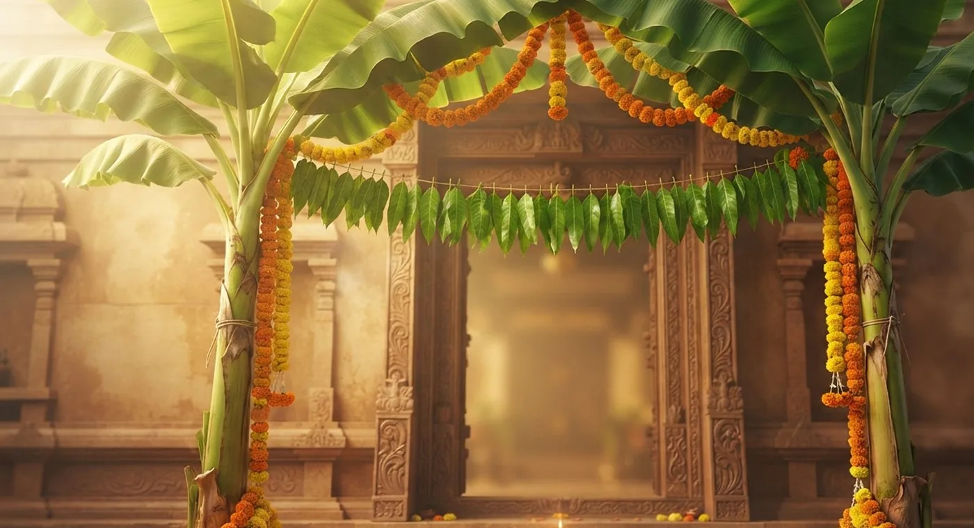 A pair of banana trees tied at a traditional South Indian wedding entrance with marigold garlands and mango leaf thoran